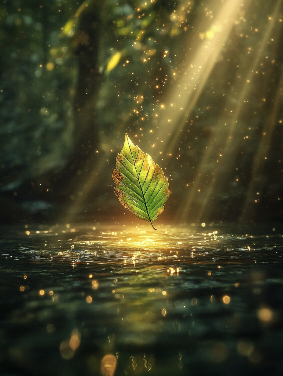 solarlight1111_A_beautiful_leaf_floating_down_the_stream_and__081e8827-989d-4b0c-8a7c-4f18b08f0f1d_3
